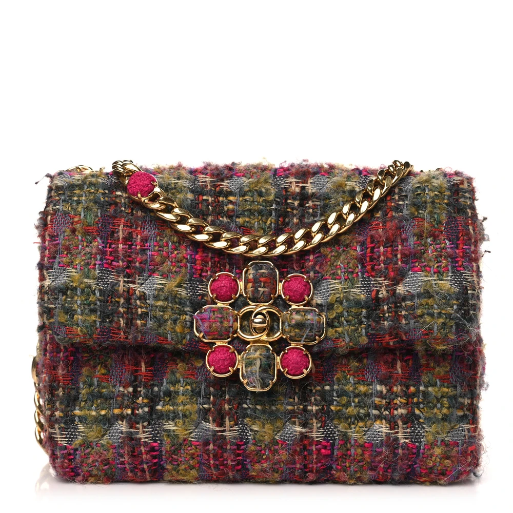 Front view of the Ch@nel multicolor tweed Small Flap Bag quilted and wool with gold-tone hardware