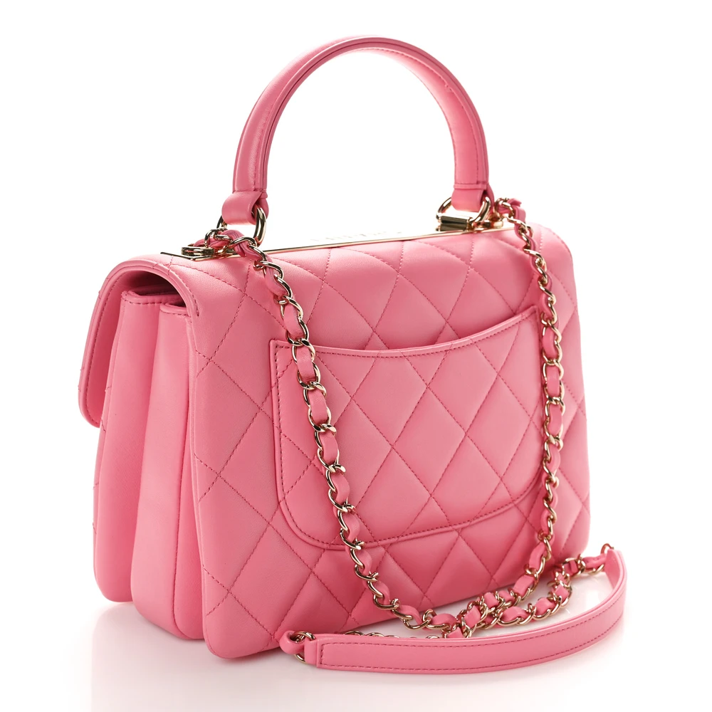 Back view of the vibrant pink Ch@nel Trendy CC Flap Bag with CC turn-lock