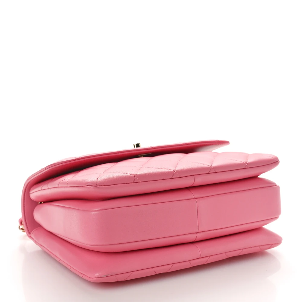 Bottom view of the vibrant pink Ch@nel Trendy CC Flap Bag with CC turn-lock