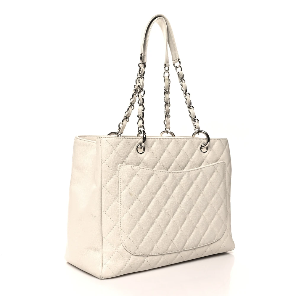 Back view of the white Ch@nel Grand Shopping Tote with stitched CC logo and silver-tone chain straps