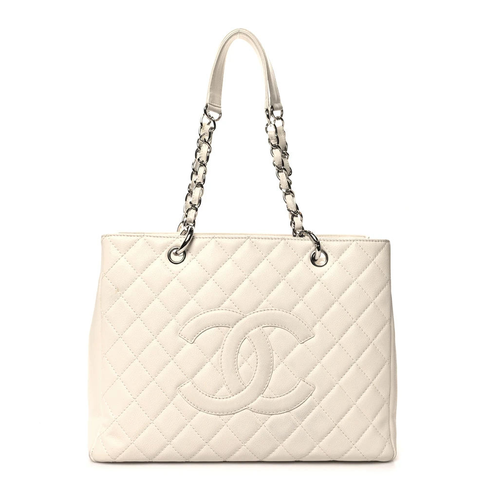 Front view of the white Ch@nel Grand Shopping Tote with stitched CC logo and silver-tone chain straps