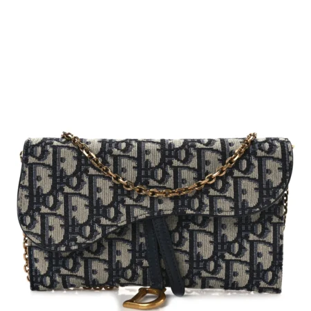 Front view of the blue Oblique monogram canvas D!0r Saddle Chain Long Wallet