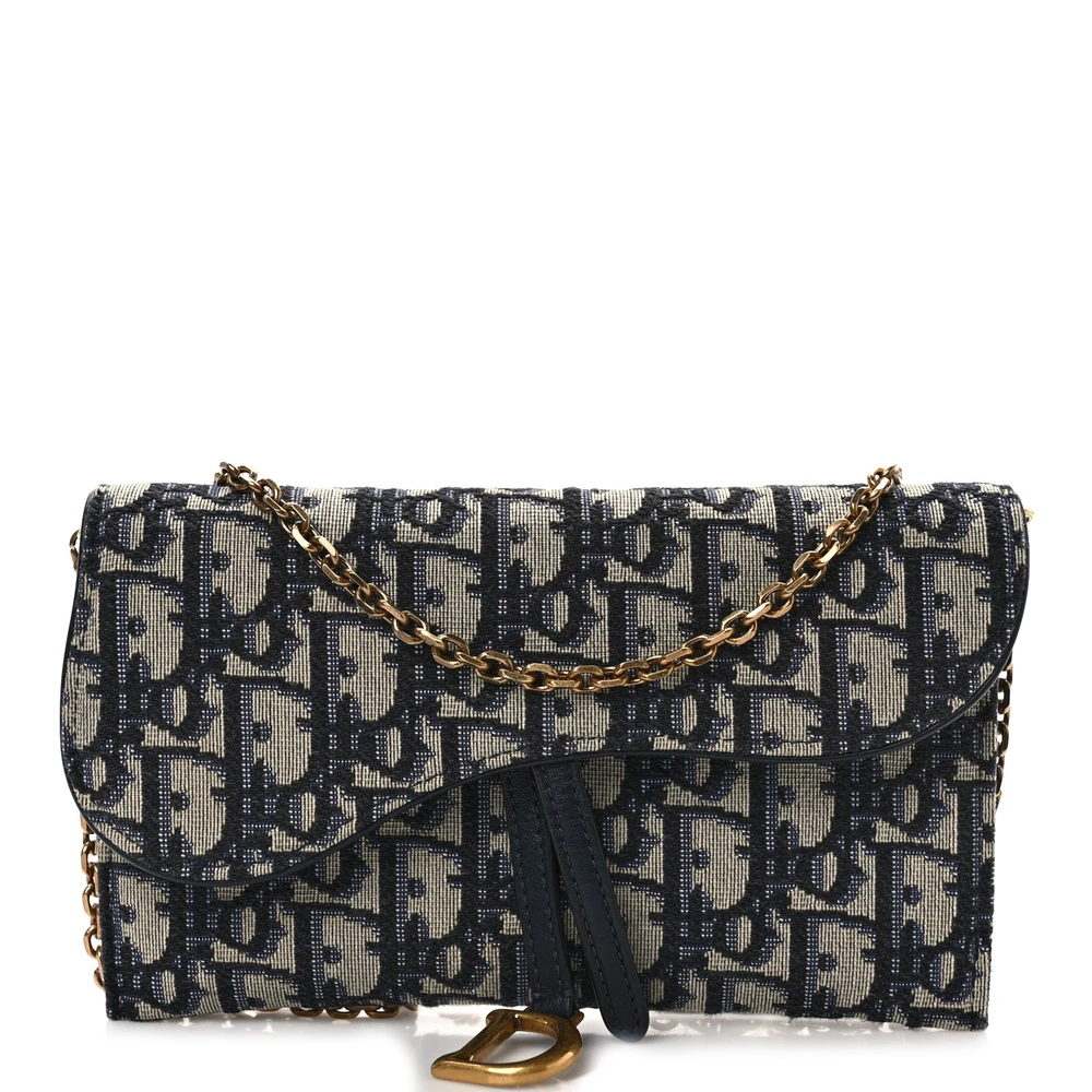 Front view of the blue Oblique monogram canvas D!0r Saddle Chain Long Wallet