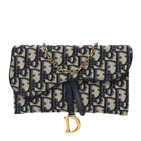 Front view of the blue and beige D!0r Saddle Chain Long Wallet with Saddle-style crossover flap