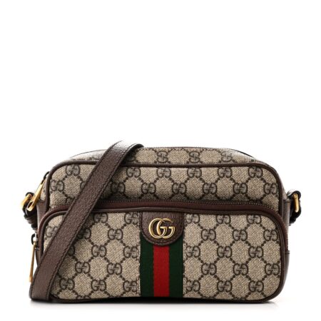 Front view of the beige and ebony Gucc! Ophidia Messenger Bag with green-and-red web stripe