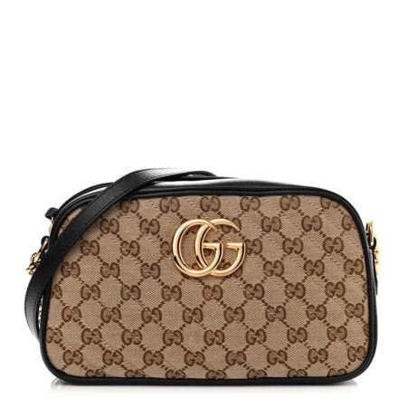 Front view of the beige and black Gucc! Small GG Marmont with diagonal stitched detailing