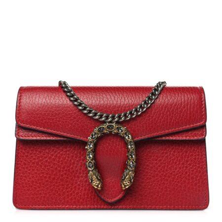 Front view of the hibiscus red Gucc! Super Mini Dionysus Shoulder Bag with crystal-embellished closure