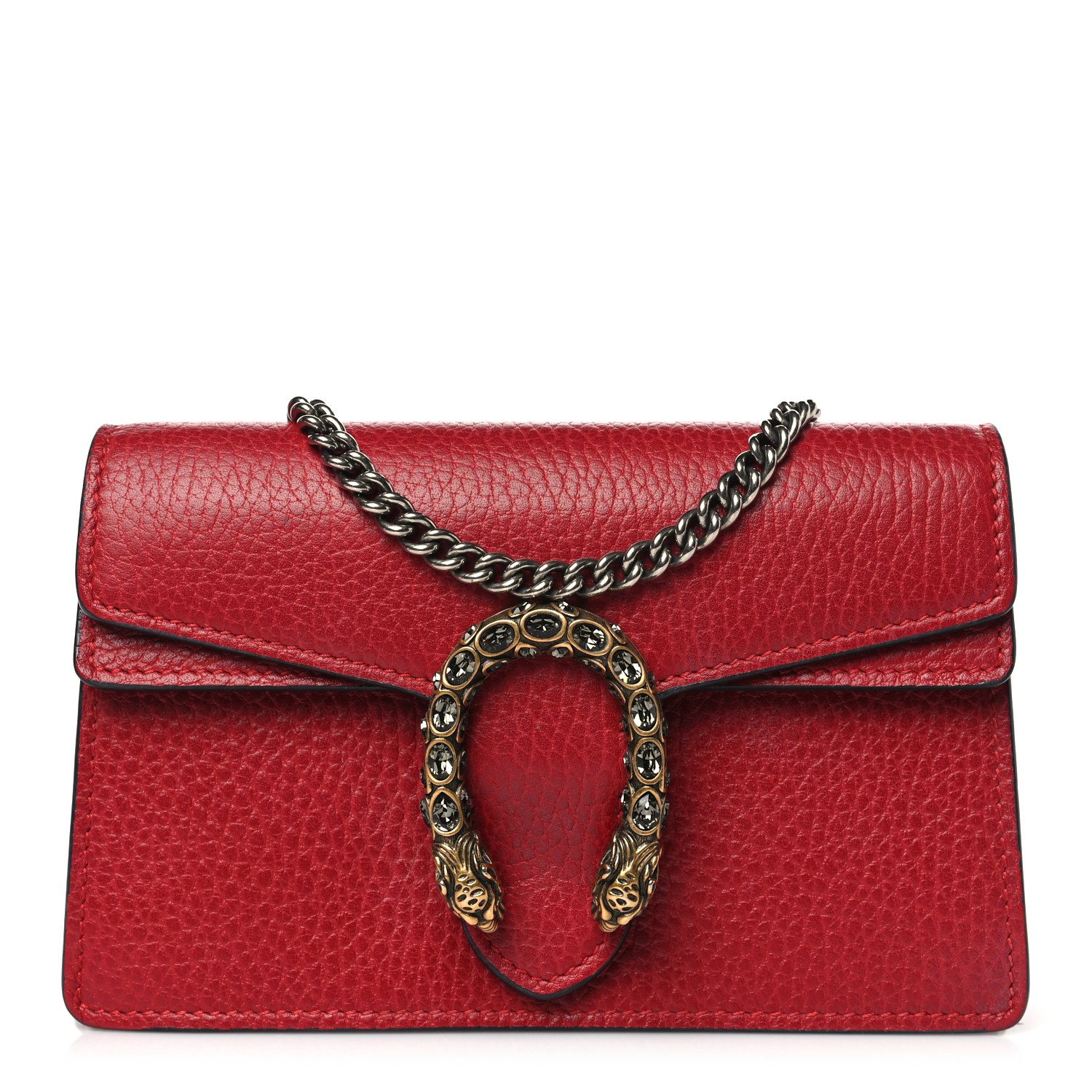 Front view of the hibiscus red Gucc! Super Mini Dionysus Shoulder Bag with crystal-embellished closure