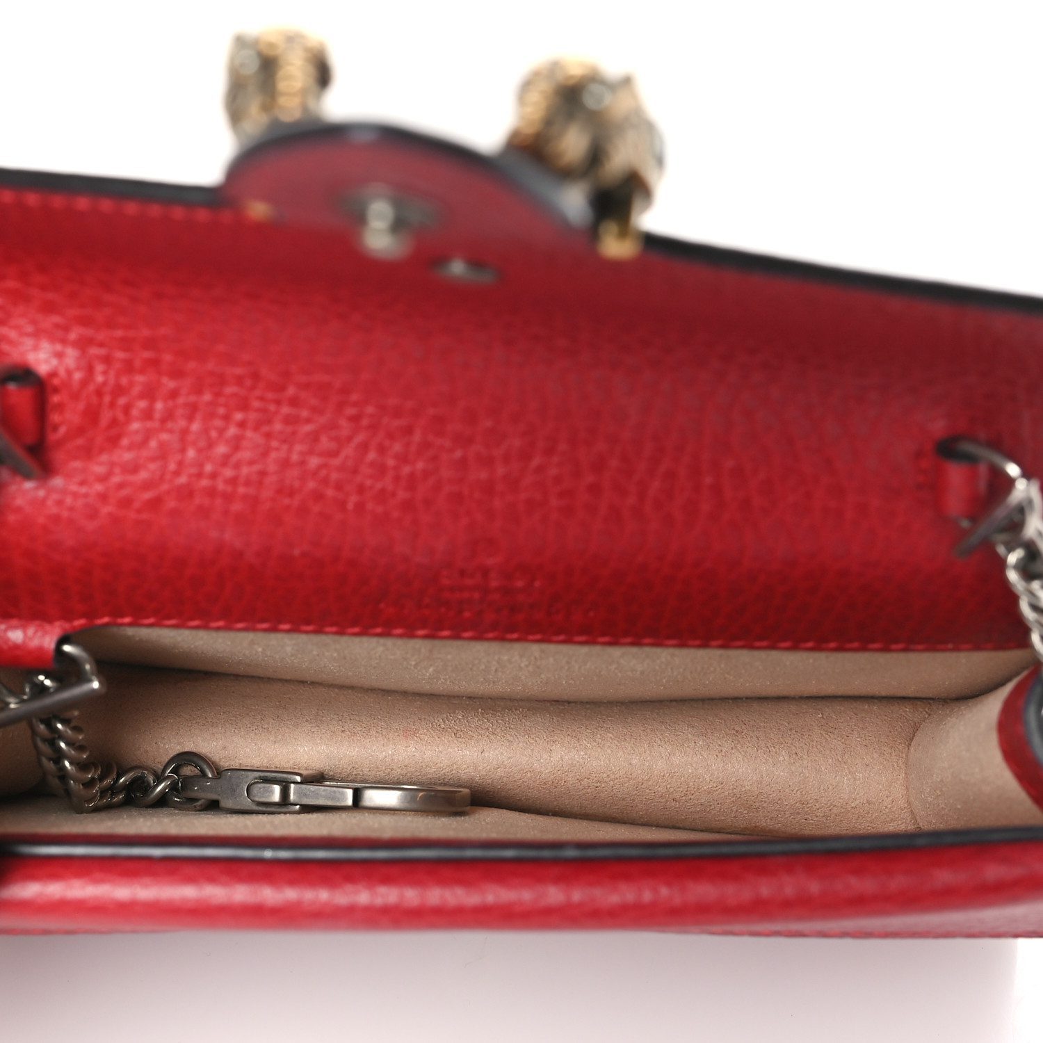 Interior view of the hibiscus red Gucc! Super Mini Dionysus Shoulder Bag showing its compact compartment