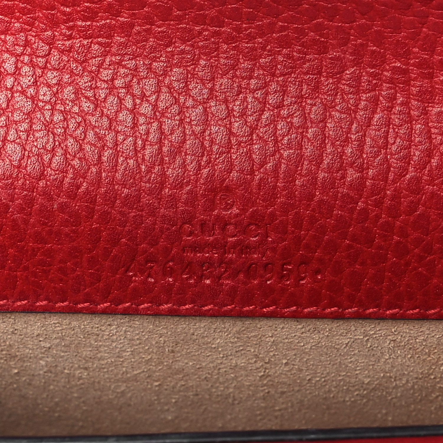 Close-up of the Gucc! logo, crystal-embellished tiger-spur closure, and metallic hardware on the hibiscus red Dionysus bag
