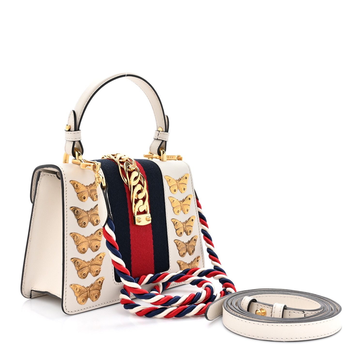 Back view of the white Gucc! Mini Sylvie Top Handle Bag