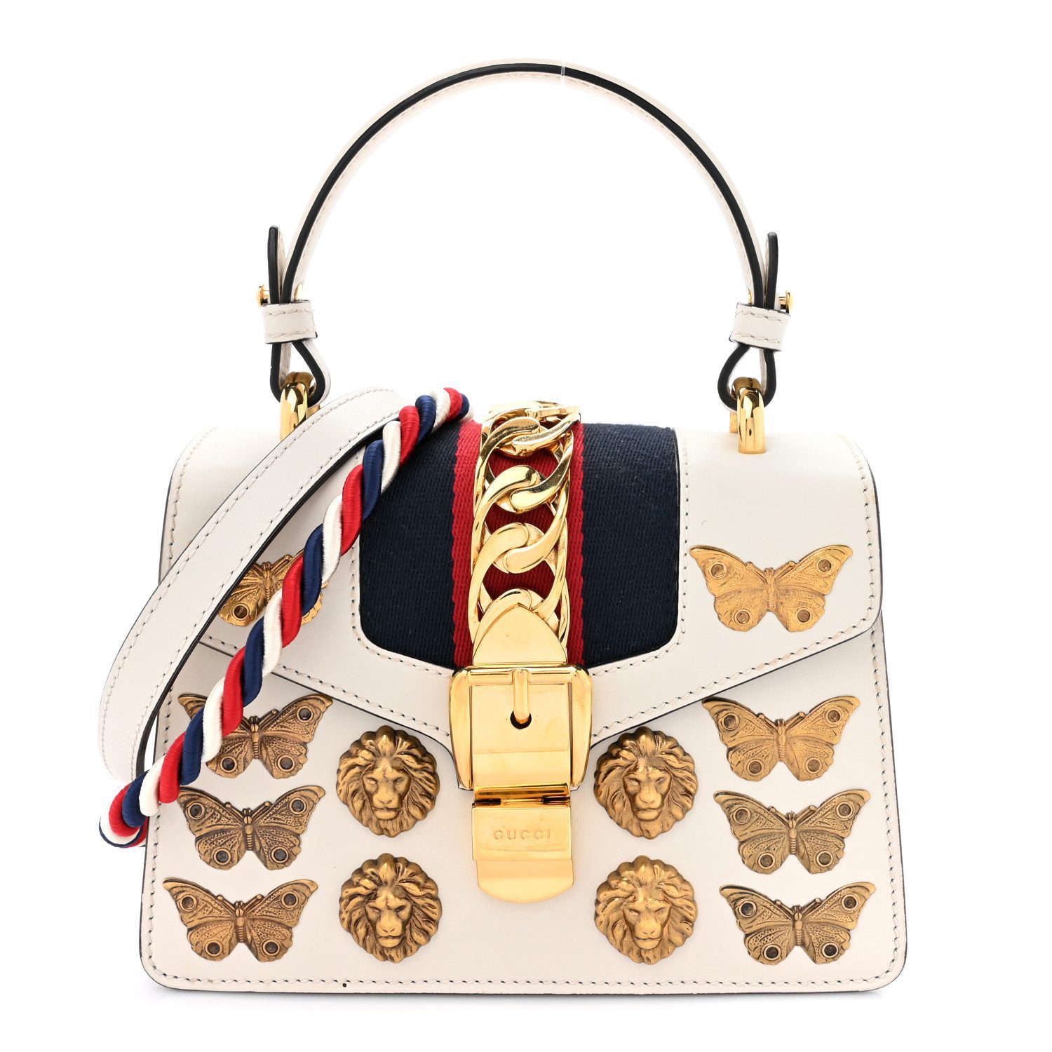 Front view of the white Gucc! Mini Sylvie Bag with red-and-blue web stripe
