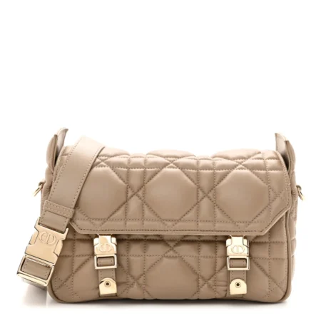 Front view of the sand D!0r Diorcamp Messenger Bag with Macrocannage quilting