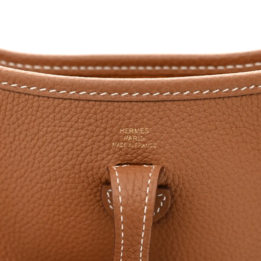 Close-up of the perforated front motif and gold-tone hardware on the brown Herme$ Evelyne TPM