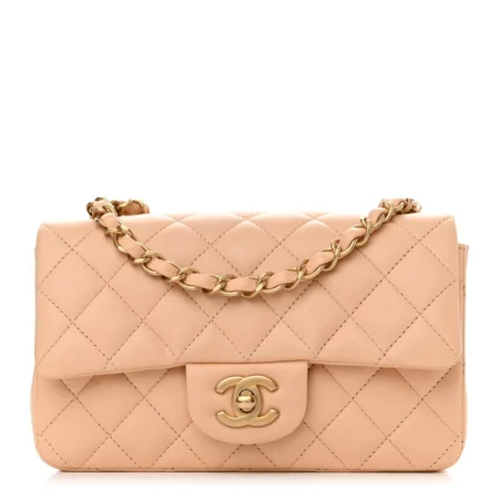 Front view of the beige Ch@nel quilted Mini Flap with lambskin leather and gold-tone chain strap
