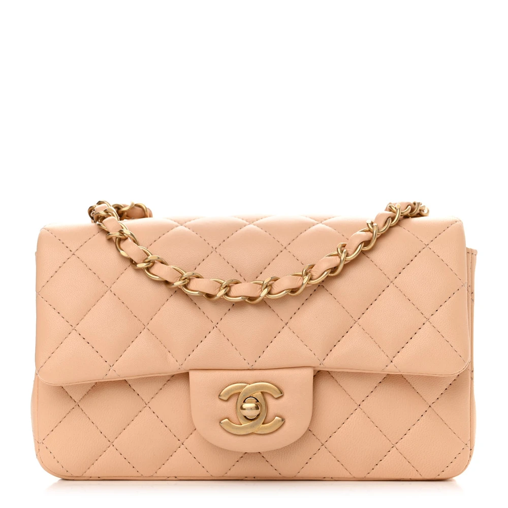 Front view of the beige Ch@nel quilted Mini Flap with lambskin leather and gold-tone chain strap