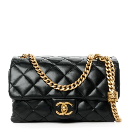 Front view of the black Ch@nel Small Pillow Crush Flap with quilted design, gold-tone chain, and CC turn-lock