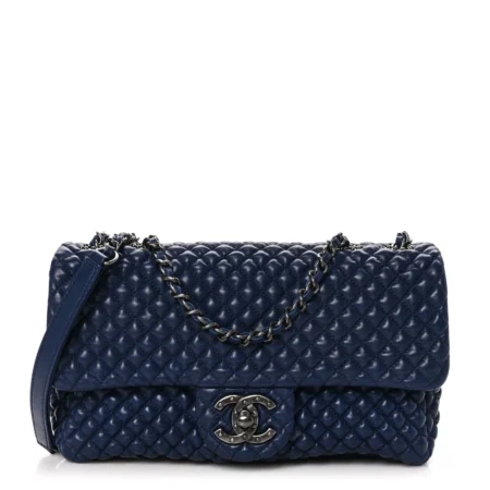 Front view of the navy Ch@nel Small Flap Bag with ruthenium-tone CC turn-lock