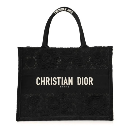 Front view of the black and multicolour D!0r Medium Book Tote with embroidered butterfly motif