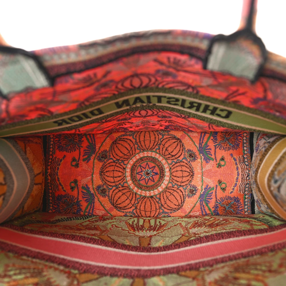 Interior view of the D!or large Book tote multicolor embroidered canvas with spacious storage