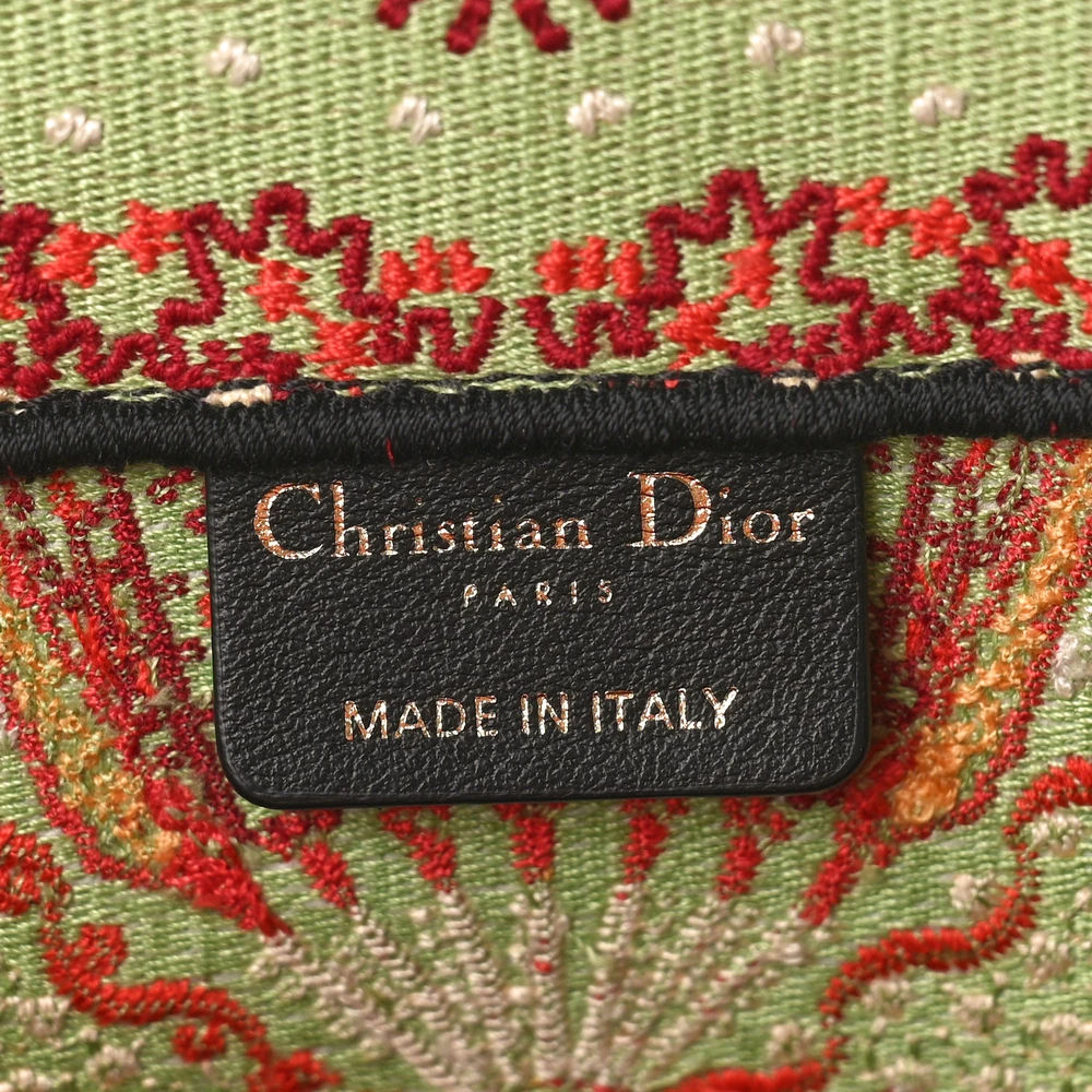 Close-up of the intricate multicolor embroidery and detailed textile finish on the D!or Large Book Tote
