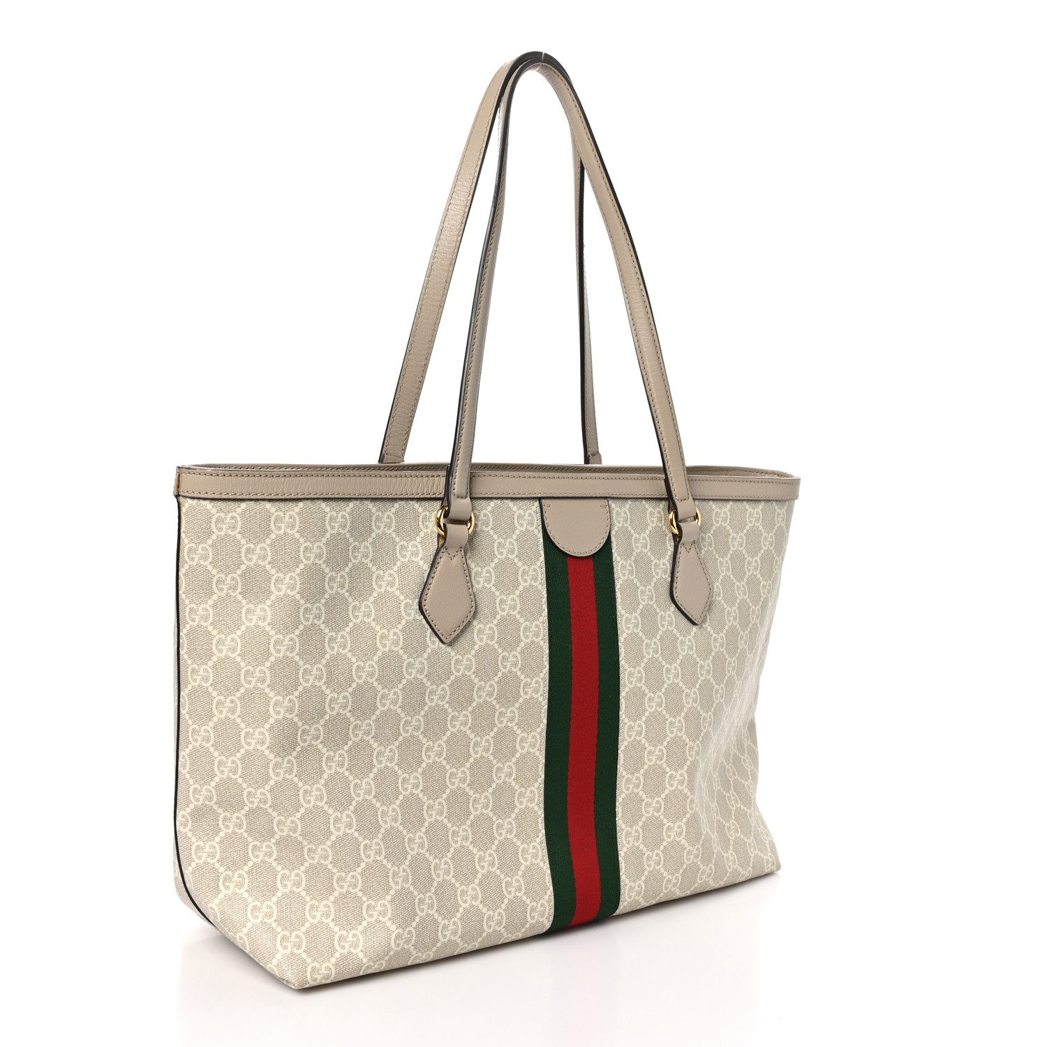 Back view of the Gucc! GG Supreme Ophidia Shopping Tote with green and red web stripe detail