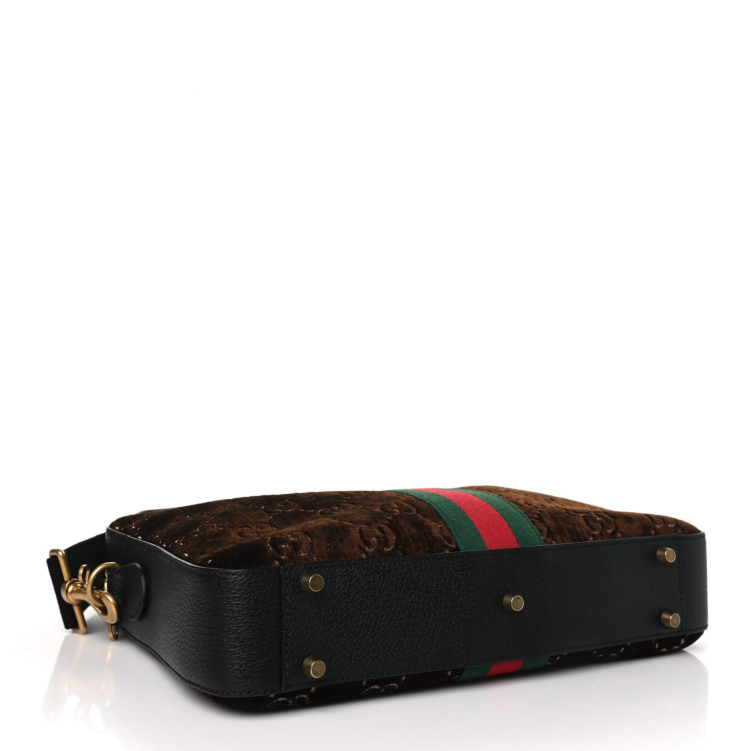 Bottom view of the brown and black Gucc! Ophidia Briefcase showing its structured base