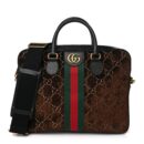 Front view of the brown and black Gucc! Ophidia Briefcase with green-and-red web stripe detailing