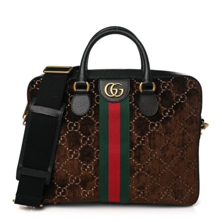 Front view of the brown and black Gucc! Ophidia Briefcase with green-and-red web stripe detailing