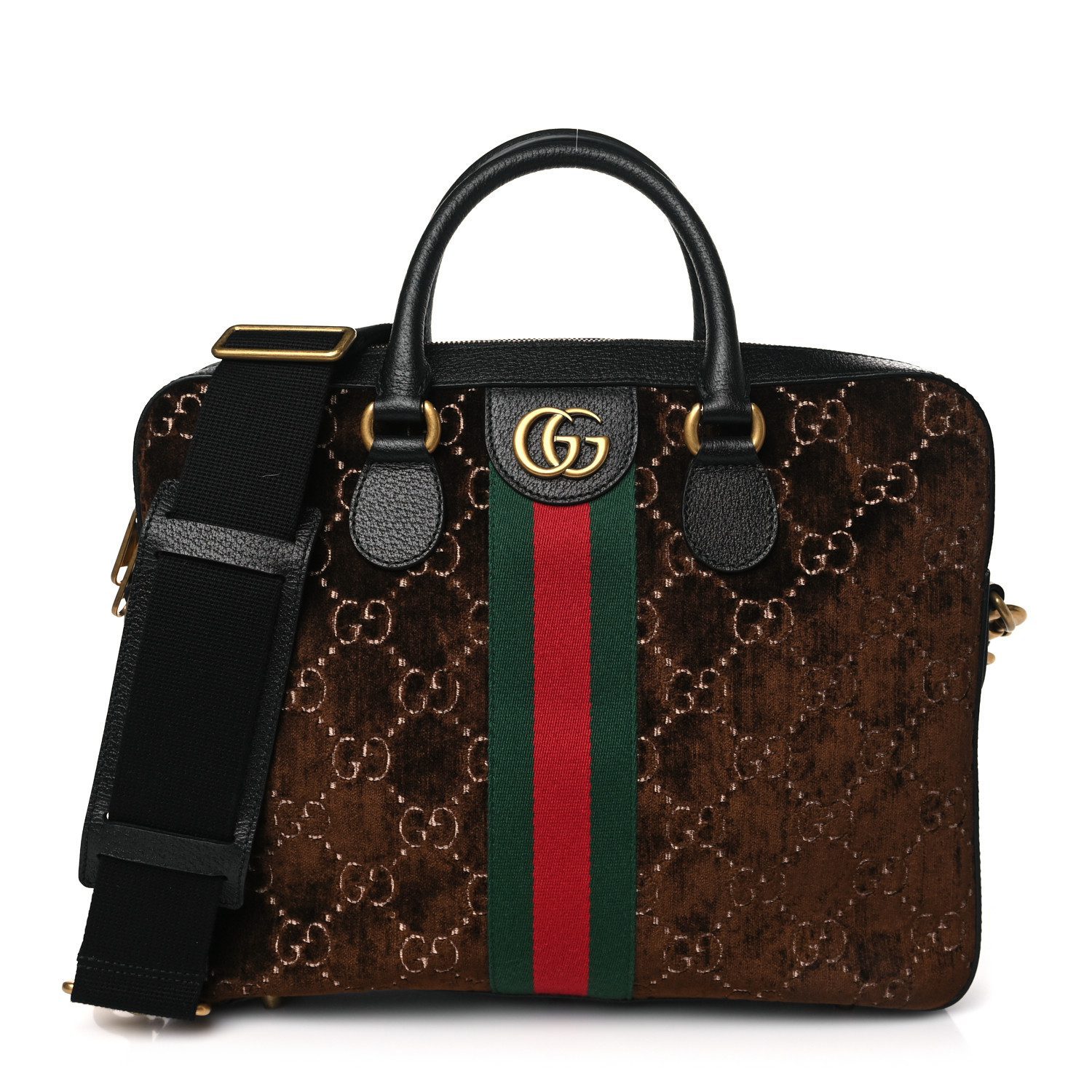Front view of the brown and black Gucc! Ophidia Briefcase with green-and-red web stripe detailing