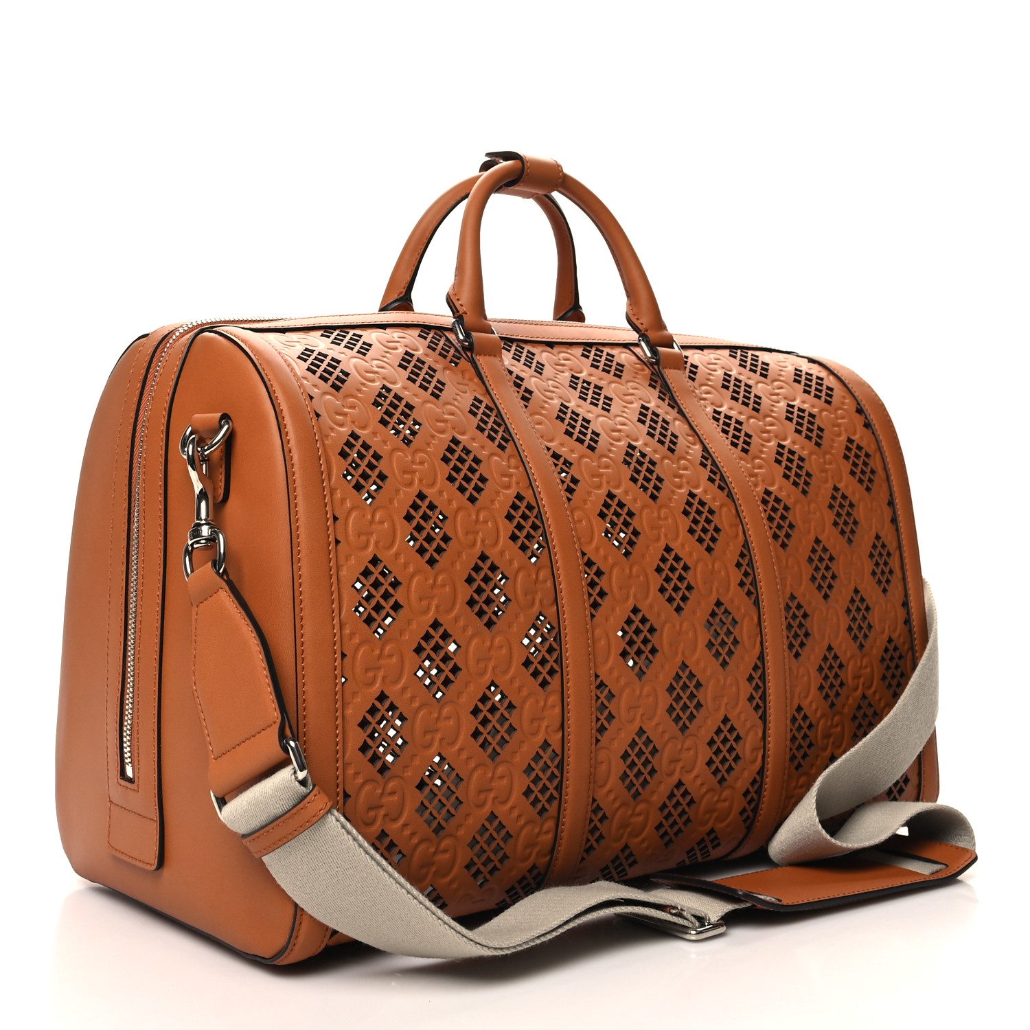 Back view of the harness brown Gucc! Medium Duffle Bag with diamond cut-out and GG embossed detailing