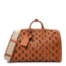 Front view of the harness brown Gucc! Medium Duffle Bag with diamond cut-out and GG embossed detailing