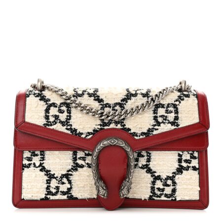 Front view of the black and white Gucc!Dionysus shoulder bag with red leather trim