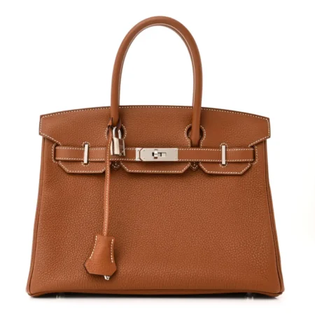 Front view of the Gold Togo Herme$ Birkin 30 with rolled leather handles and front flap