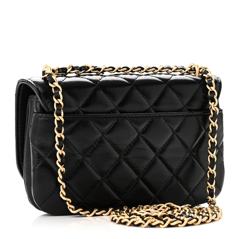 Back view of the black Ch@nel Flap Phone Holder with gold-tone chain strap and CC logo detailing