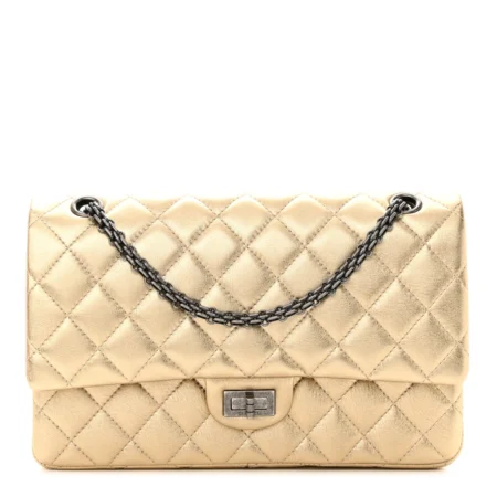 Front view of the metallic gold Ch@nel 2.55 Reissue 226 Flap with ruthenium-tone chain straps and turn-lock