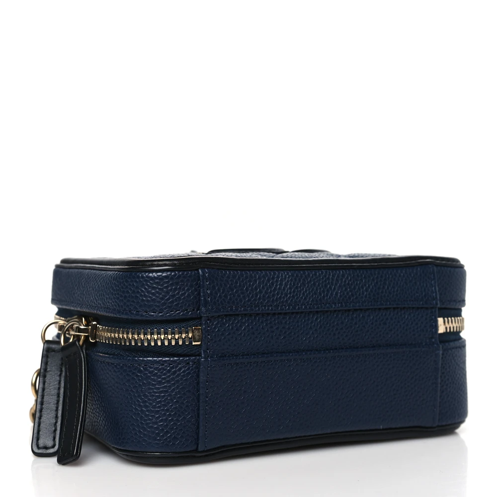 Bottom view of the navy Ch@nel Filigree Vanity Case with luxurious gold-tone chain strap