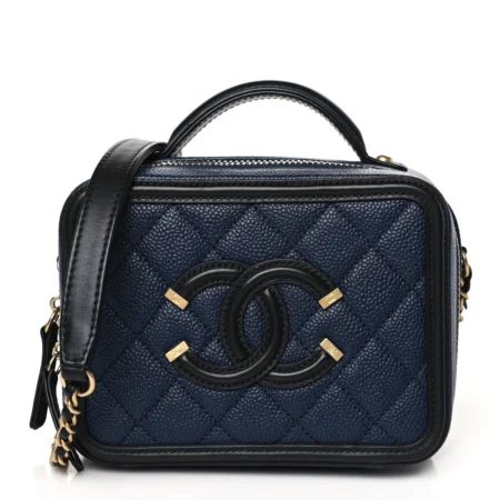 Front view of the navy Ch@nel Filigree Vanity Case with luxurious gold-tone chain strap