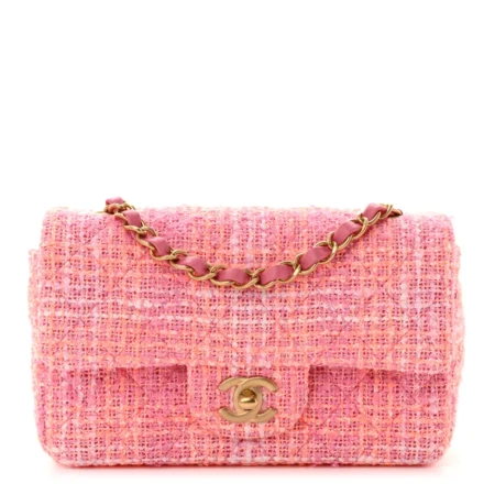Front view of the pink multicolor Ch@nel quilted tweed Mini Flap Bag with light gold-tone hardware