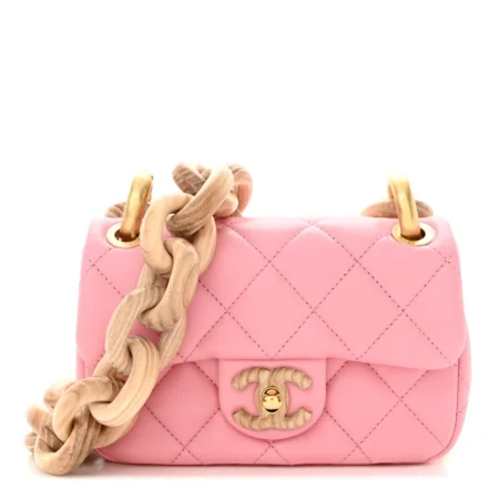 Front view of the pink Ch@nel Mini Wenge Wood Flap Bag with gold-tone CC turn-lock