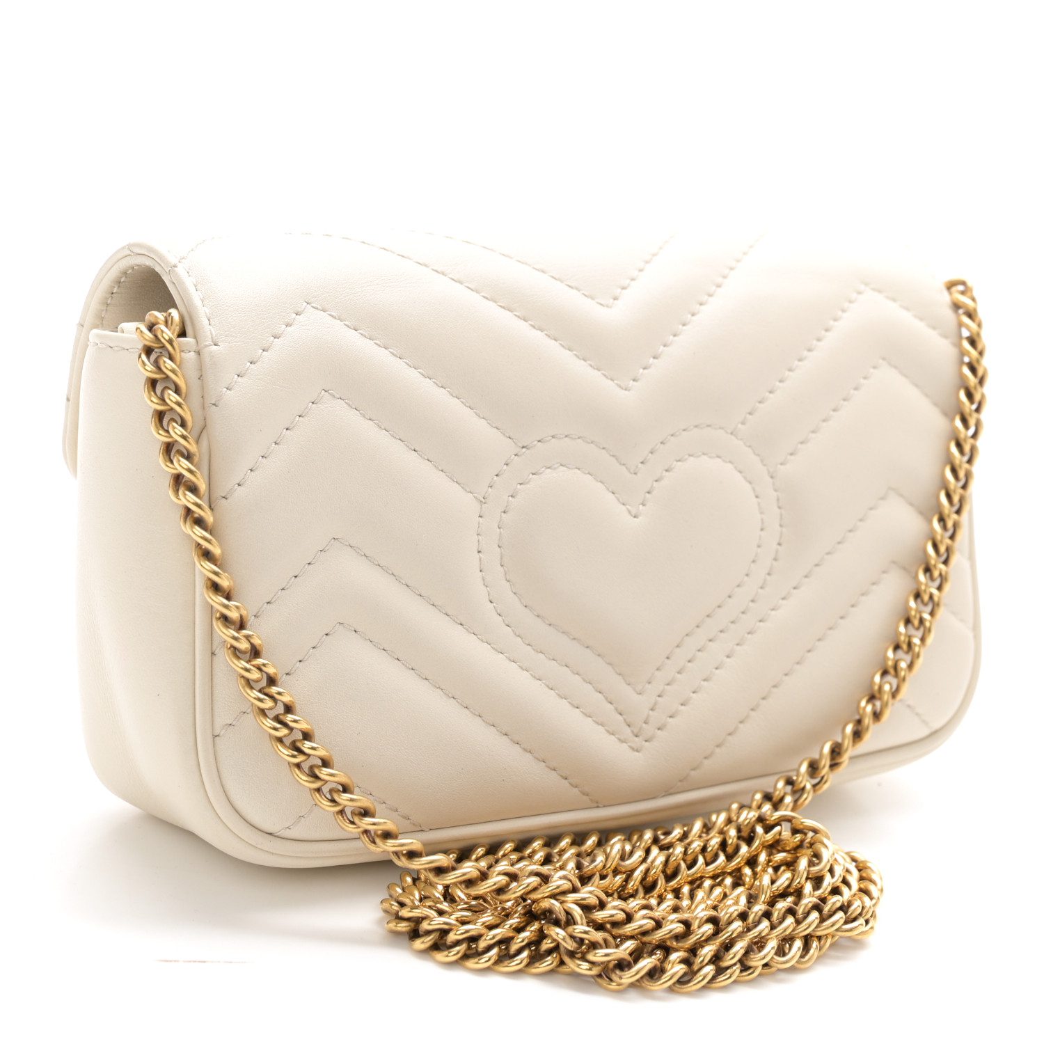 Back view of the white Gucc! Super Mini GG Marmont Shoulder Bag