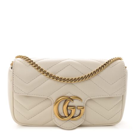 Front view of the white Gucc! Super Mini GG Marmont with aged gold-tone GG logo and chain strap