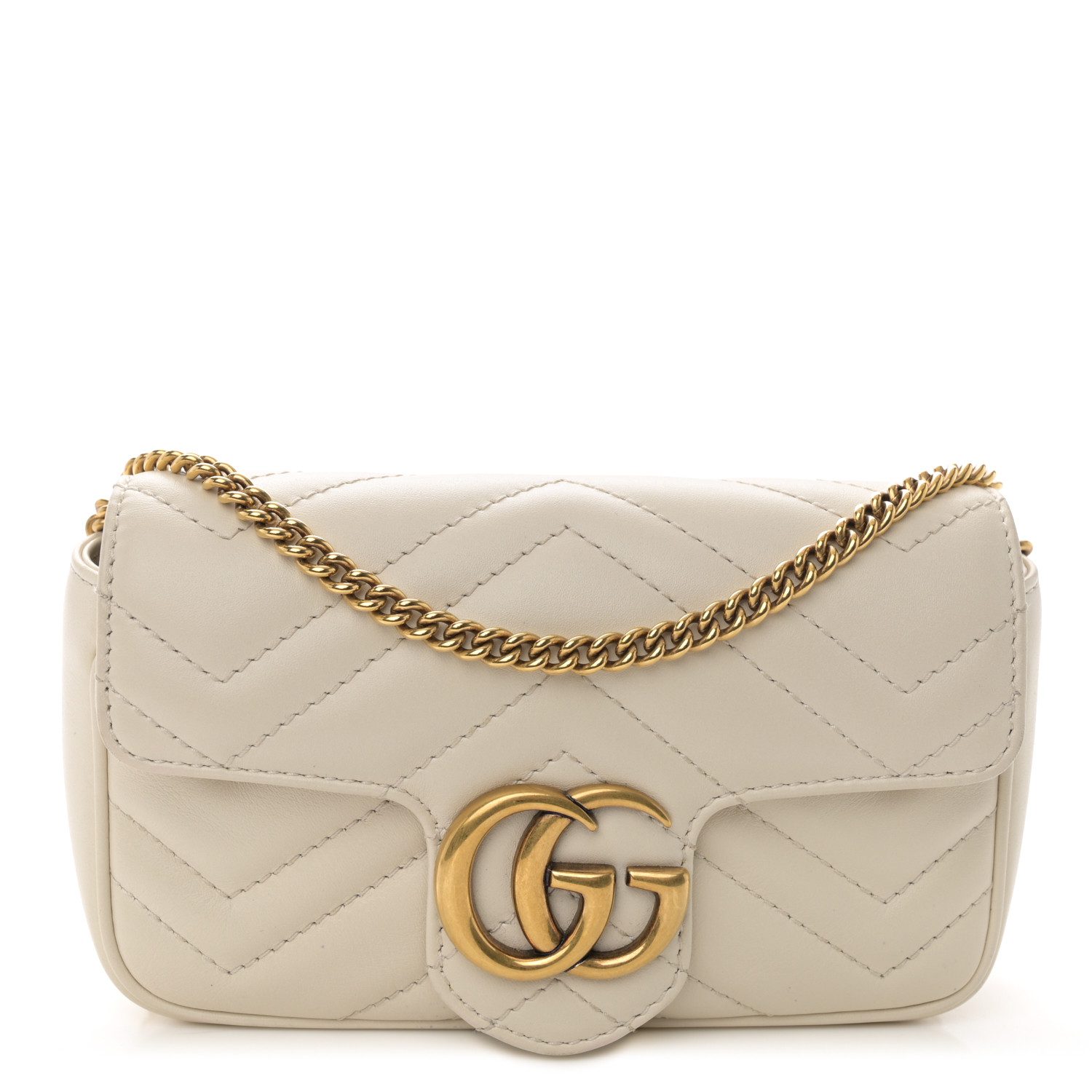 Front view of the white Gucc! Super Mini GG Marmont with aged gold-tone GG logo and chain strap