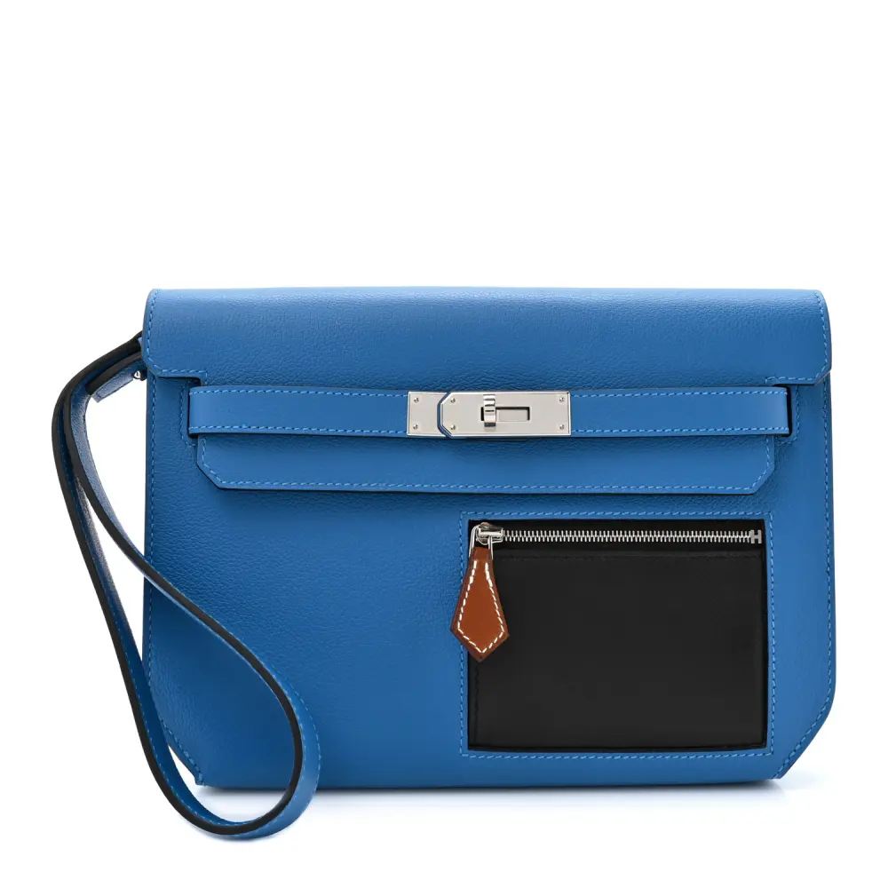Front view of the Blue Hydra, Black and Fauve Herme$ Kelly Depeches 25 Pouch