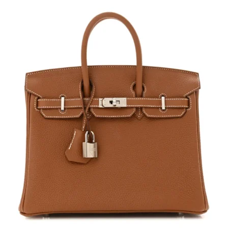 Front view of the brown Togo Herme$ Birkin 25 with rolled leather handles and front flap
