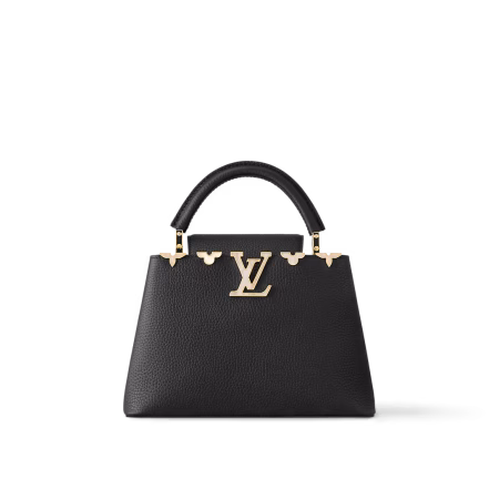 Front view of the black Lou!S Vuiton Capucines Flower Crown handbag with mother-of-pearl-effect blossom motif