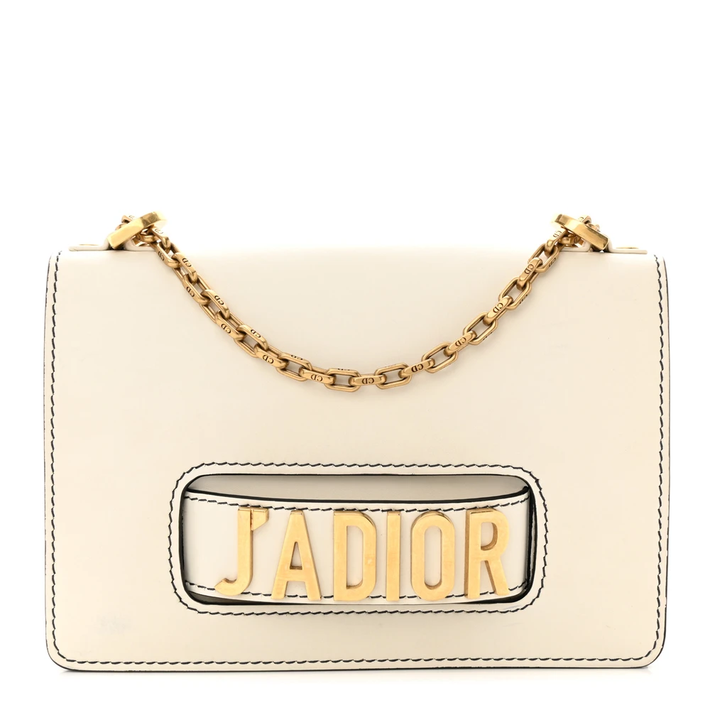 Front view of the off-white D!0r J’Adior Chain Flap Bag with gold-tone J’Adior detailing