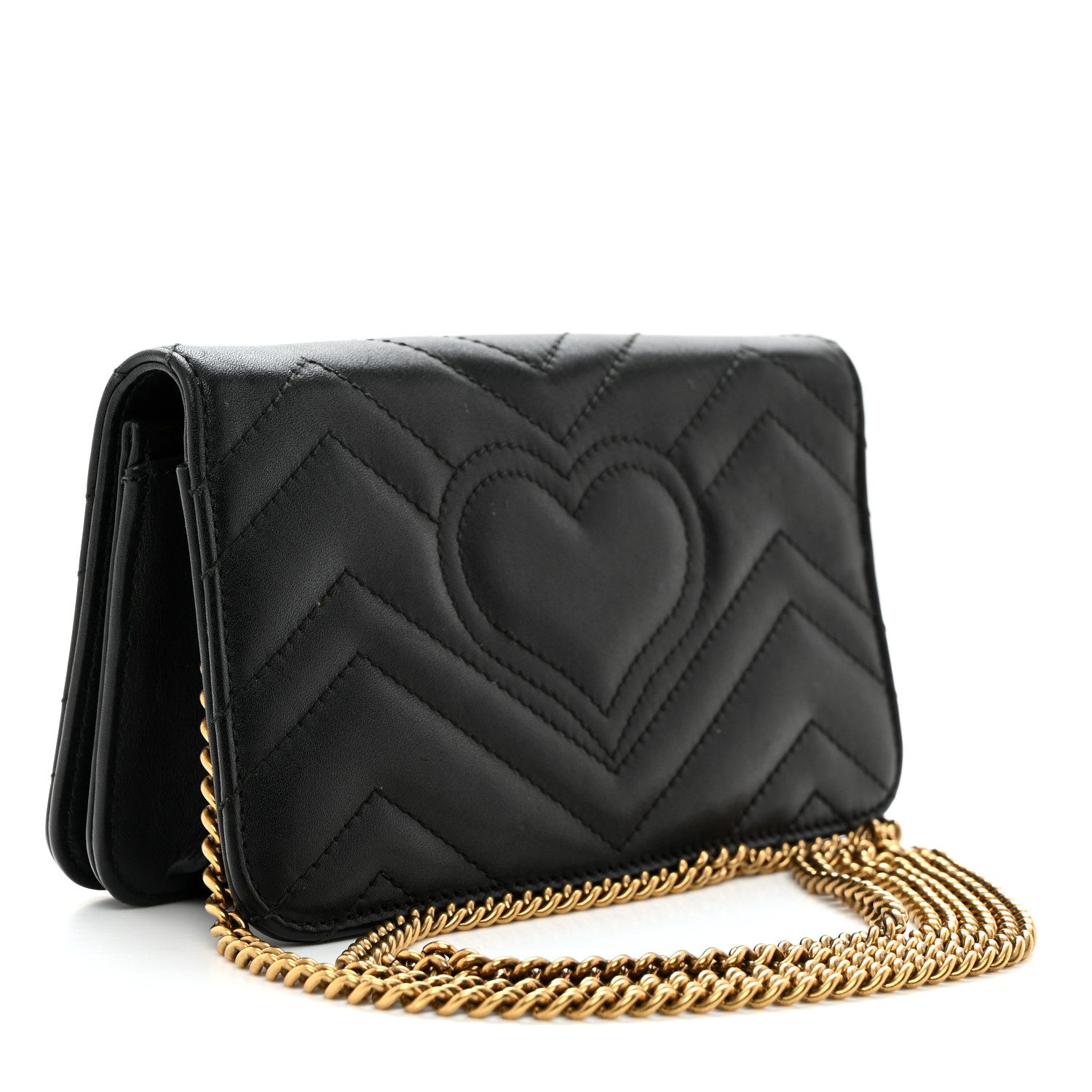 Back view of the black Gucc! GG Marmont Mini Bag with chevron quilting and interlocking GG logo