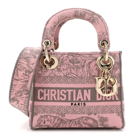 Front view of the grey and pink D!0r Mini Lady D-Lite Bag with embroidered Toile de Jouy motif