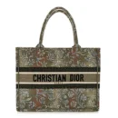 Front view of the metallic green D!0r Medium Book Tote with embroidered Dior PARIS signature